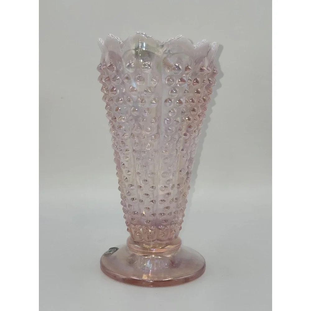 Fenton Glass 95th Anniversary Iridized Pink Opalescent Hobnail Fan‎ Vase 8